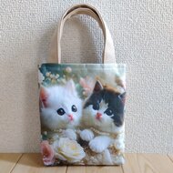 M3ページ　パネル生地　トートバッグ 子猫と薔薇柄 パネル生地のミニミニトートバッグ サブバッグ 884