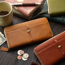 長財布　本革　レディース　キャメル　ハンドメイド　ラウンドファスナー(カフェライフシリーズ)