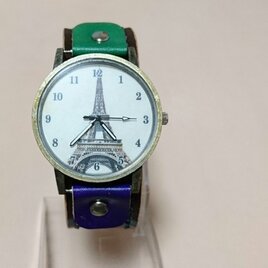 【手染め・手縫い】バイカラー腕時計 green×purpleの画像