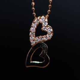 k18 18金 ピンクゴールド 天然ダイヤモンド ダブルハート ネックレスの画像