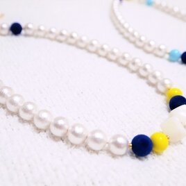 Vintage beads×Cotton pearl necklace01. yellow×blueの画像