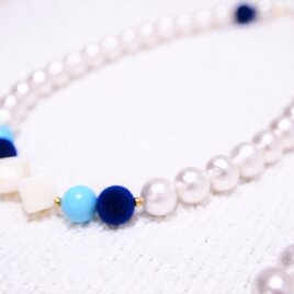 Vintage beads×Cotton pearl necklace02. blue×blueの画像