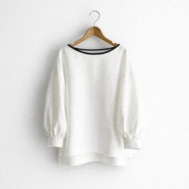 ボリューム袖 ボートネック 7分袖プルオーバー ブラウス｜リネン100%_White