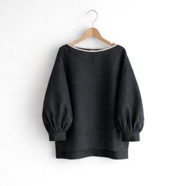 ボリューム袖 ボートネック 7分袖プルオーバー ブラウス｜リネン100%_Black