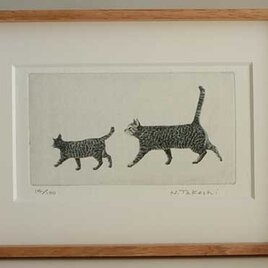 お散歩・二匹の猫/ 銅版画 (額あり）の画像