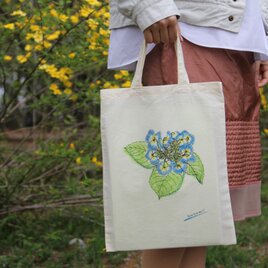 紫陽花柄　コットン生地のエコバッグ　（水彩風　青）の画像