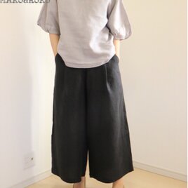 黒【リネン100％】ウエスト後ろゴム＆タック入りワイドパンツ♥