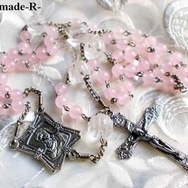 ■受注制作■伝統の手編み　ロザリオ　ピンク　マリア　聖母子　水晶薔薇の画像