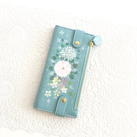 花ペイント カードケース（ブルー）_バラとアジサイ【受注制作】