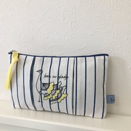 コットンリネンストライプ鳥プリーツポーチ