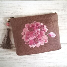 ピンクダリアのポーチ   日本刺繍