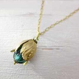 実・つぼみのネックレス ラムネの瓶の色 青緑：真鍮 ガラス ビンテージ ヴィンテージ