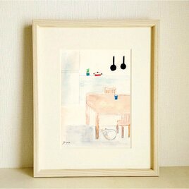 犬の絵｜原画「キッチン」※木製額縁入り（インチサイズ）アクリル画