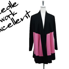 羽織風バイカラーロングジャケット　ピンク×ブラックの画像