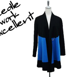 羽織風バイカラーロングジャケット　ブルー×ブラックの画像