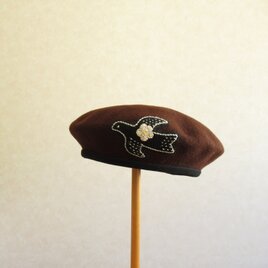 鳥さんアップリケのウールベレー　ブラウン