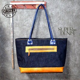 プルアップオイルレザーキャメルと　岡山セルビッチ　インディゴ　スーパーオンスデニム　トートバッグＭサイズ