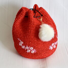 フラワー刺繍巾着カゴバッグ（赤）の画像