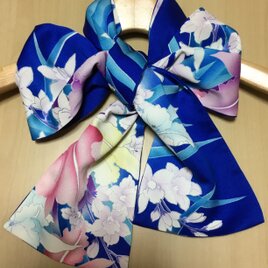 振袖リメイク正絹 プレシャンブルーカトレア柄手描き染めパッチストール