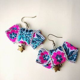 ベトナム刺繍のリボンピアス(ピンク×ブルー)〜Vietnam ricamo〜の画像