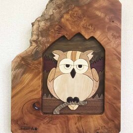 木壁画「半眼のフクロウ」の画像