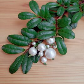コットンパール植物風ストールピン/ブローチ＜グリーン×ホワイト×アンティークゴールド＞の画像