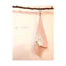☆木綿のハンカチーフ×刺繍モチーフ☆(ピンク:ピンク、グリーン) 【送料無料】の画像