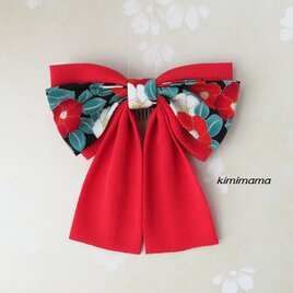 髪飾り 縮緬リボン<ソフトWリボン>はいからさん(モダン椿・地色黒&赤）着物・袴・浴衣・成人式・卒業式・七五三