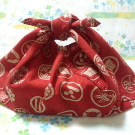 【手縫い】あづま袋☆横32㎝☆家紋和柄☆紅色地☆お弁当袋・バッグインbag・エコバックの画像
