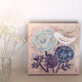 春の18cmパネル・ラナンキュラスと白いとりblueの画像