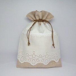 リネンとコットンのカントリーな巾着袋