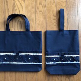 ピンクのお花と白いレースのレッスンバッグ・くつ入れセット/＊お受験・入園入学・通園通学＊/