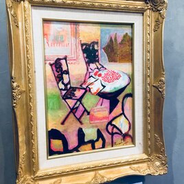 アイアンのテーブルと椅子  油彩 原画の画像