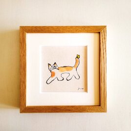 「のんきな猫∣ドローイング」 原画 ※木製額縁入り（18㎝角）一点物 水彩 イラスト 北欧インテリア　