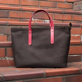 ★サービス有り★本革の持ち手 / 帆布トートバッグ　ファスナー付き　チョコ＊ローズピンク