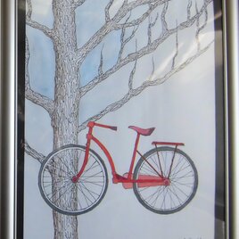 冬のイチョウと赤い自転車の画像