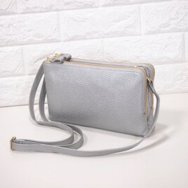 ★ハンドメイド★日本製★牛革★お財布ポシェット★サコッシュ★ダブルファスナー★斜め掛けショルダーバッグ★シルバー色★の画像