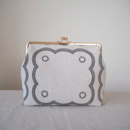 リネンがま口　アンティーク柄　ブラック