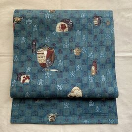 茶道具柄×市松紋　絽の名古屋帯の画像