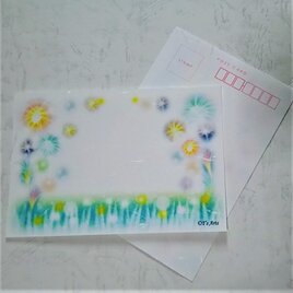 暑中お見舞い・残暑お見舞い3枚セット(和紙はがき) 　花火と蛍の光イラスト　パステルアート絵葉書の画像