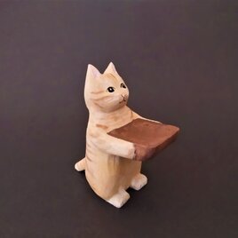【特別価格】木彫り　置物　ミニ立ちネコ　チャトラ　リング置き