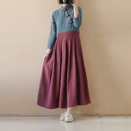 タックワンピース 綿麻生地 ダブルカラーのワンピース チャイナボタン