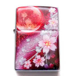 手描き ZIPPO 炎月と桜 ジッポ ライター 銀箔 箱付きの画像