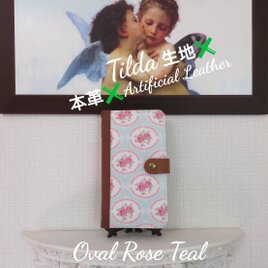 Tilda ティルダ (スウェーデン)”Oval Rose Teal” 手帳型スマホケース (概ね全機種対応)