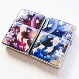 ペア 手描き ZIPPO 金魚と桜 箱付き 金箔 (2個セット)の画像