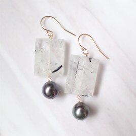 K14GF black rutiled quartz & tahitian pearl pierceの画像