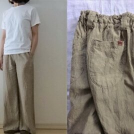 【受注制作】ベージュ天日干し40リネン　シンプルワイドパンツ