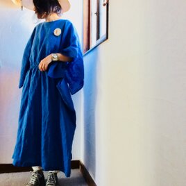 スリットスリーブギャザーワンピース 　リネン100　ロイヤルブルーの画像