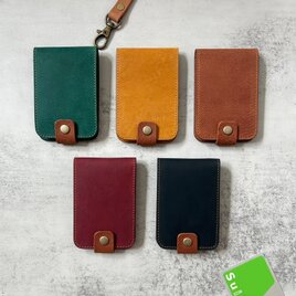カードが2枚入る本革パスケースポケット2つボタンマット姫路レザーおしゃれレトロシックなカラーペアプレゼント記念ストラップ