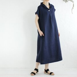 《再販》一枚で決まる、大人のAライン。リネンショールカラーワンピース（ネイビー）OP06の画像